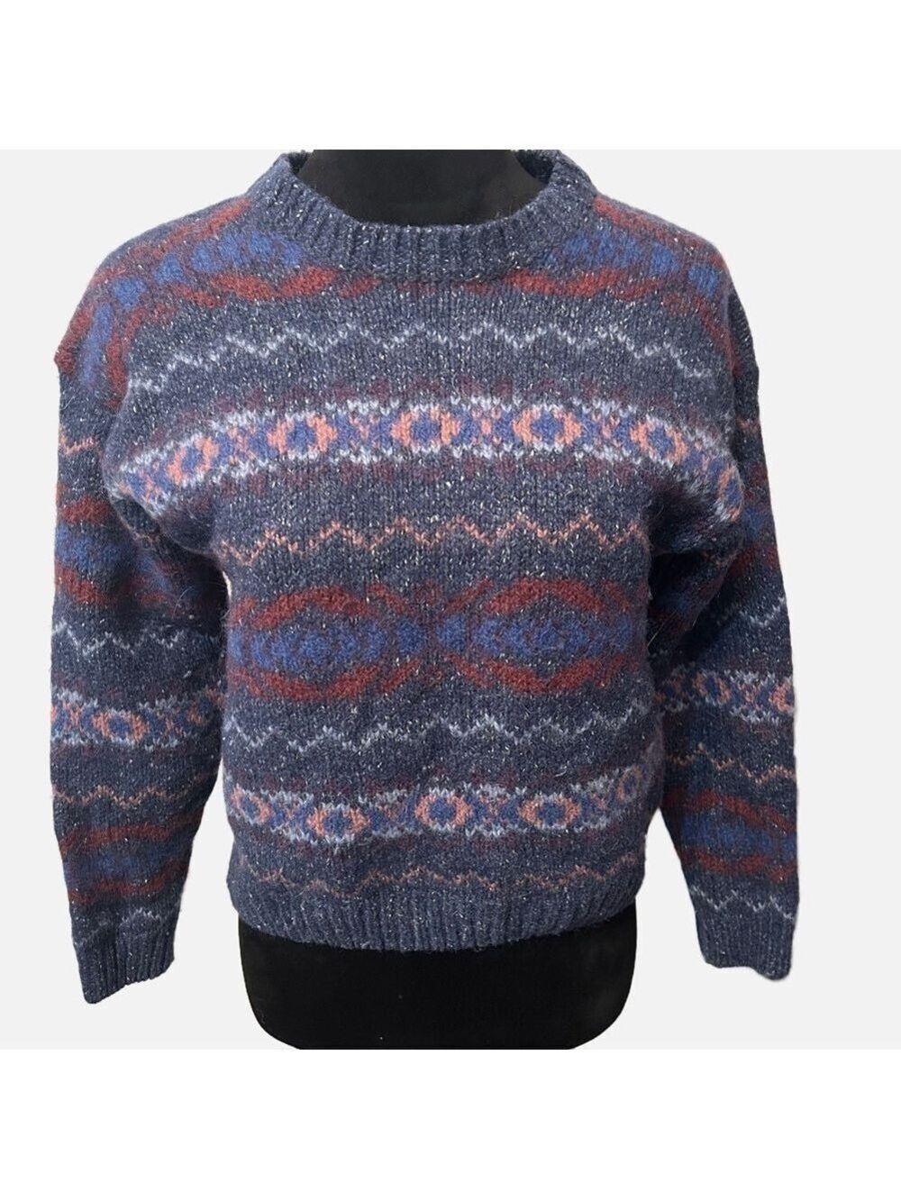 Vintage Laura Ashley Women Sweater Wool M/L Great Britain Blue Geometric 90s